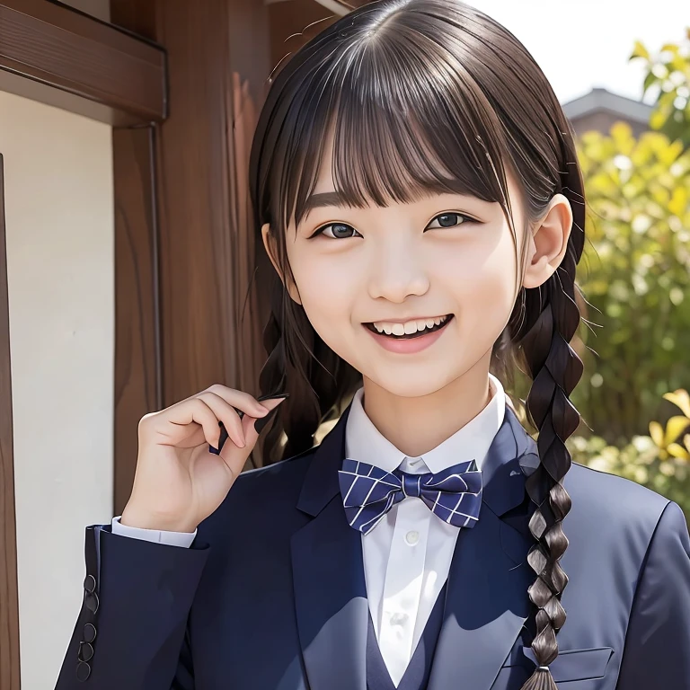 (masterpiece, best quality:1.2), 現実的な、写真、高解像度、1080p、8K、1girl, solo, , 物理的なレンダリング、学校の制服, plain navy large school ribbon bow tie, black long twin braids hair, A formal dark blue blazer, slightly open mouth, curled blunt bangs, double eyelids, long eyelashes, cute & lovely laughing cheeks, very intelligent, ((胸から上を撮影))