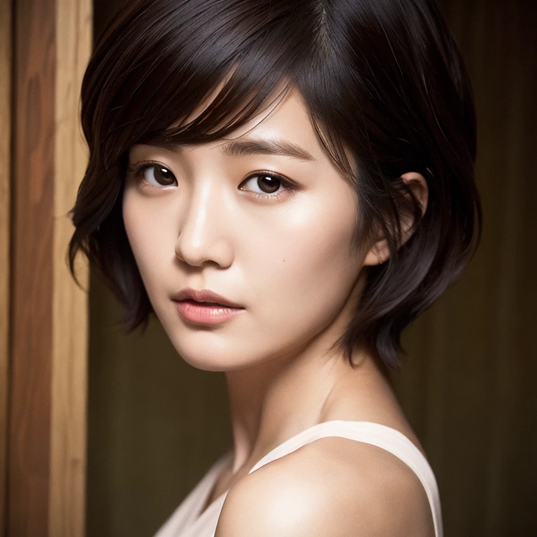 ((highest quality)), ((8K)), ((masterpiece:1.3)), (perfect look), (photorealism:1.6), (upper body of a Japanese woman), (short hair), 1girl, solo
