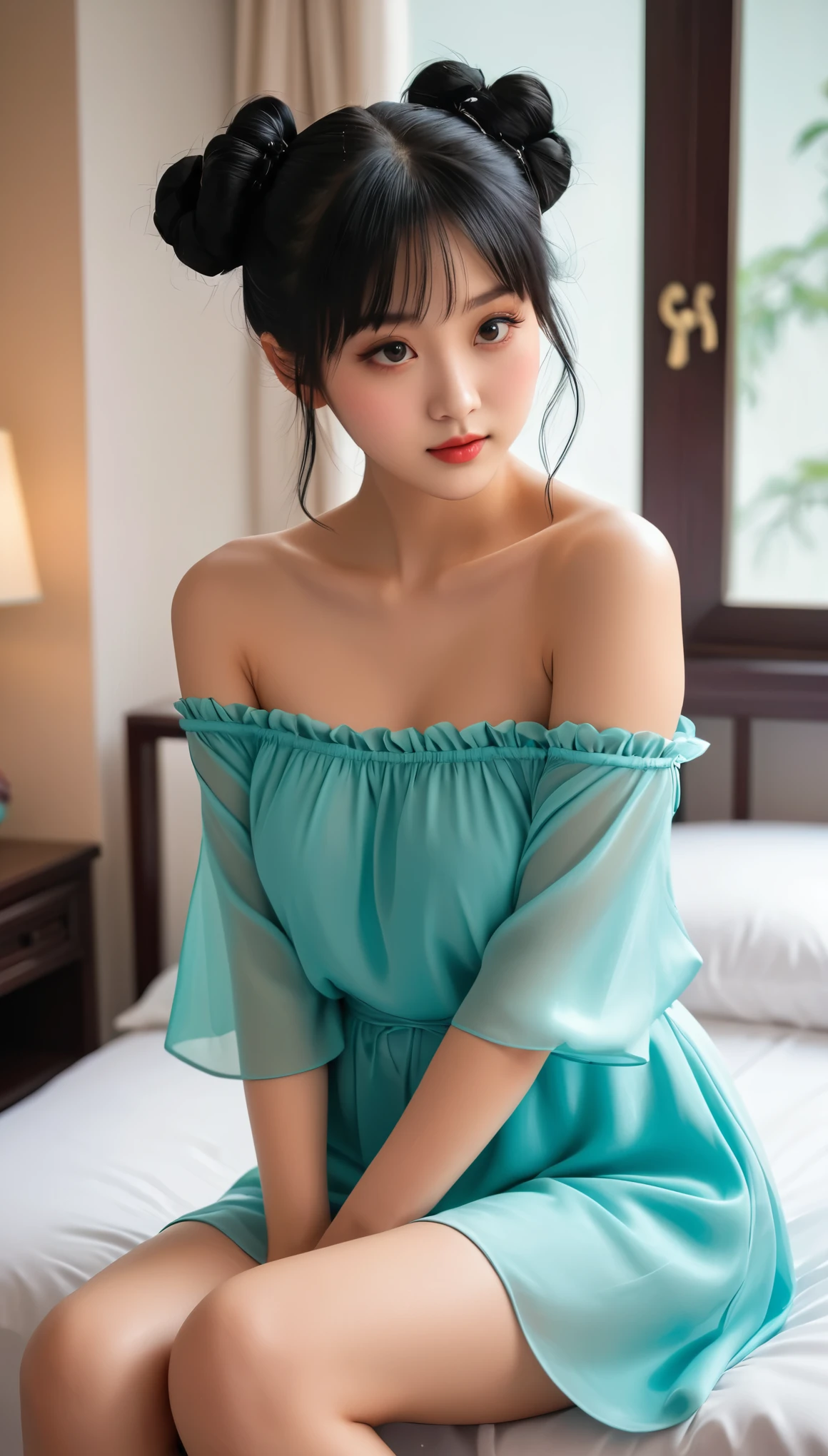 A Chinese beauty is sitting on the bed, with her hands clasped together and wearing an off the shoulder dress. She has black hair tied in two buns, with slightly curly long straight bangs covering half of her face, beautiful eyes looking down, dressed as if getting ready for school,