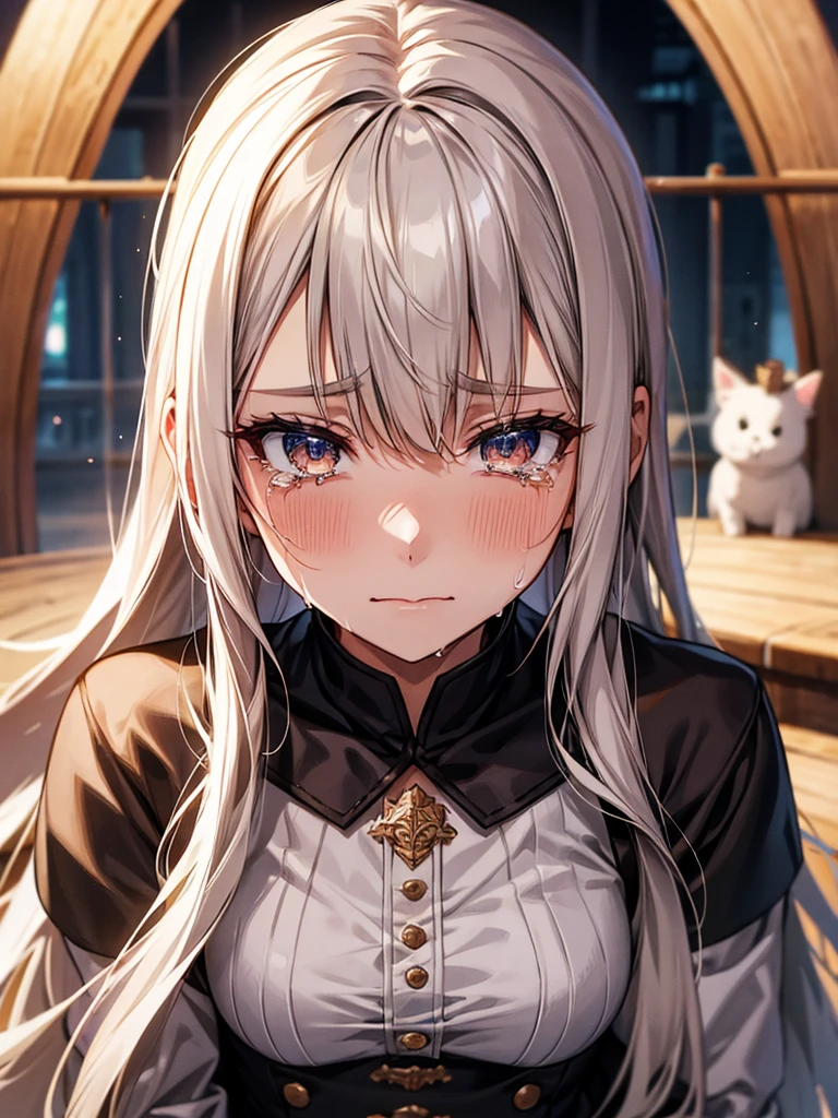 Wearing her high, she shed tears of emotion, face of pain, bark 