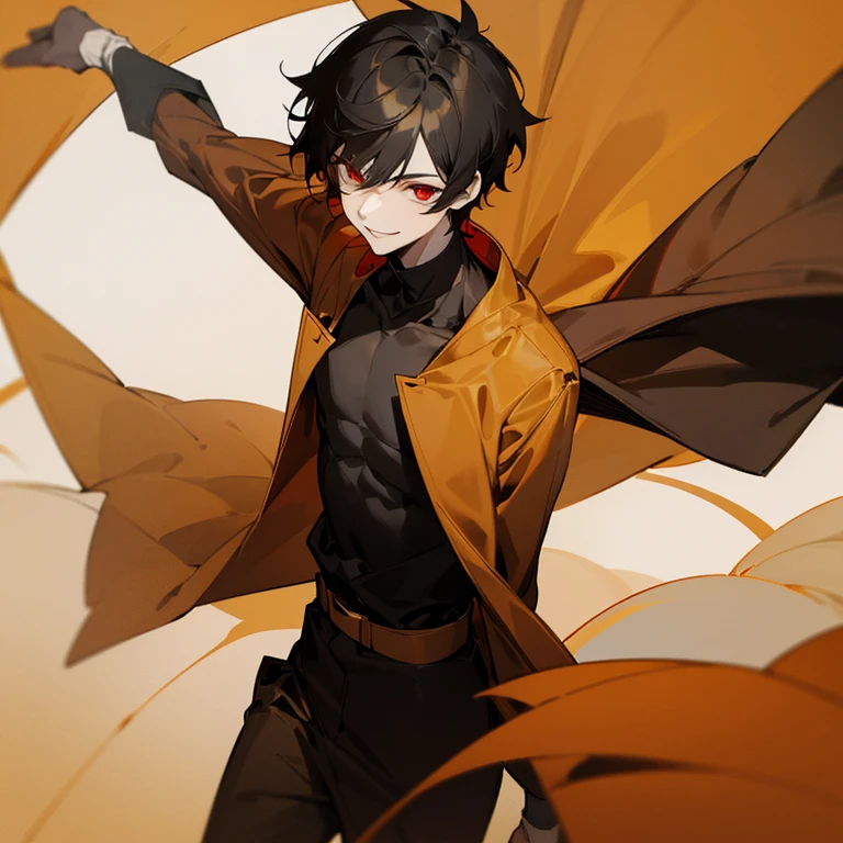 Tall young man, slim build, pale complexion, red eyes, short black hair, smiling, wearing loose black and ocher clothing