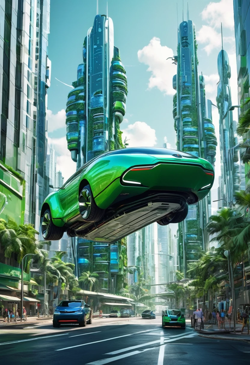 ((retrato surrealista de uma cidade futurista)), ((carro voador gigante)), ((futuristic city)), ((Floating skyscrapers)), ((carros voadores)), ((robots)), ((cores verde, azul e cinza vibrantes)), ((melhor qualidade)), (detalhado).