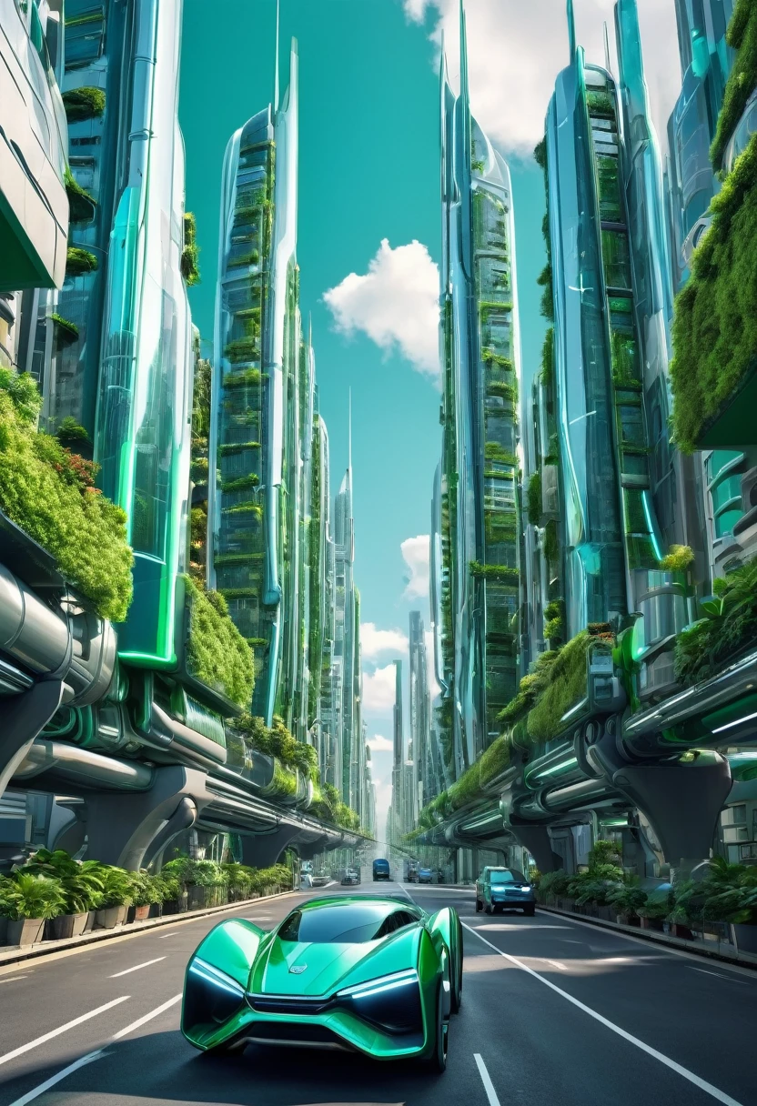 ((retrato surrealista de uma cidade futurista)), ((carro voador gigante)), ((futuristic city)), ((Floating skyscrapers)), ((carros voadores)), ((robots)), ((cores verde, azul e cinza vibrantes)), ((melhor qualidade)), (detalhado).