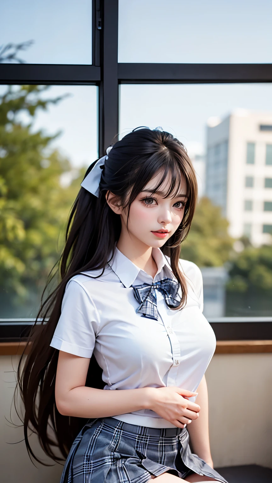 (masterpiece:1.2, highest quality), (Realistic, photoRealistic:1.4), Beautiful illustrations,
View audience, whole body, Front view:0.6,
1 girl, Japanese, high School girl, (Long Hair:1.5), Hair fluttering, (Half Up, Half Updo), bangs, Hair between the eyes, Big Breasts:0.8,
Beautiful Hair, Beautiful Face, Beautiful Eyes, Beautiful clavicle, Beautiful body, Beautiful breasts, Beautiful thighs, Beautiful legs, Beautiful fingers,
(Beautiful views), , School,
((Collared short-sleeved shirt, White shirt, , Grey plaid pleated skirt, Blue checked bow tie)), White panties,
(Are standing, , Please lift your skirt, Grab the hem of the skirt, Place your hand on your chest, Place your hands between your legs),
blush,