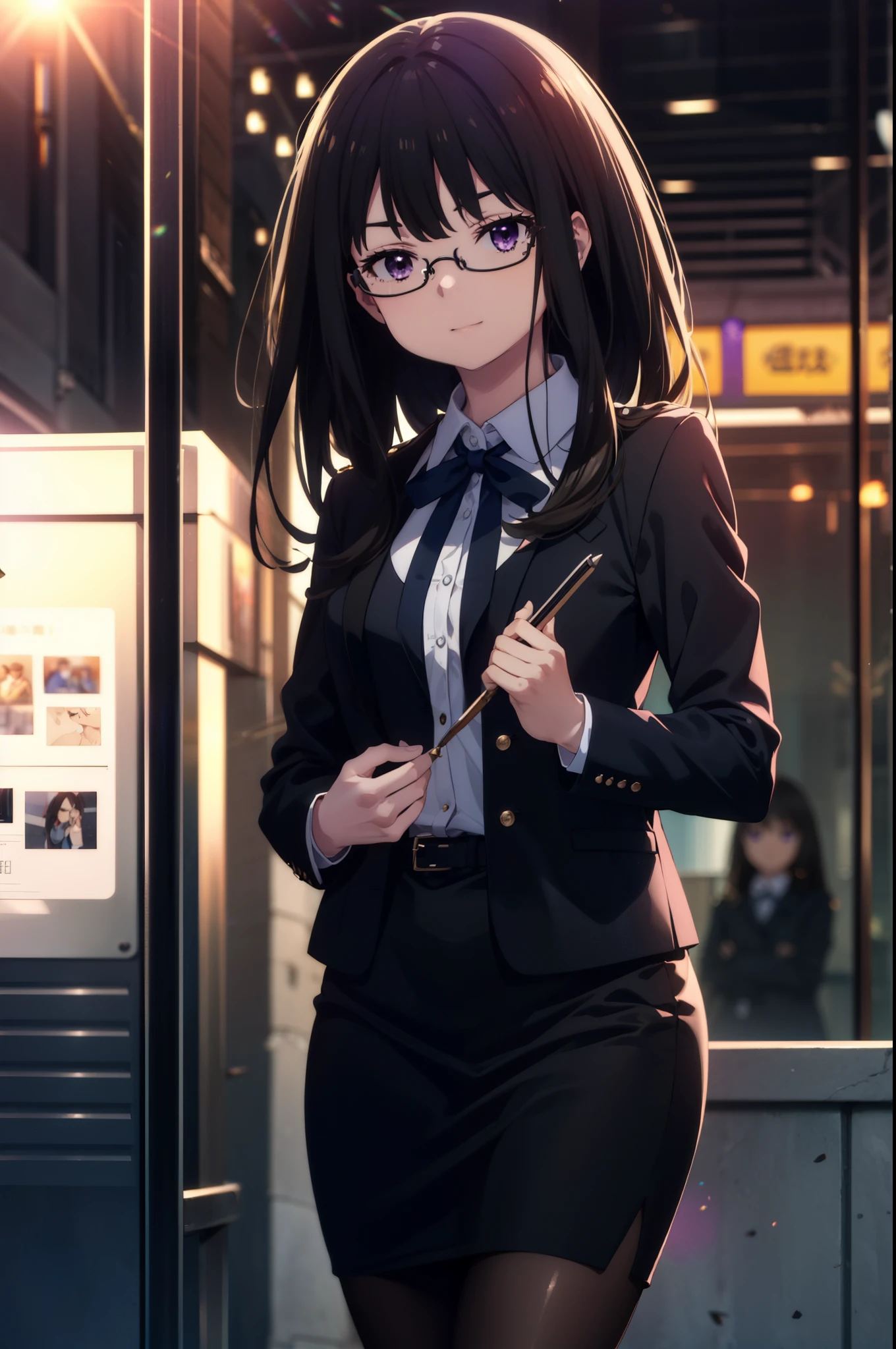 Takiuchi, Inoue Check, Long Hair, bangs, Black Hair, (Purple eyes:1.2),smile,
OL, Akagi Glasses, Black suit jacket, Collared jacket, White dress shirt, Collared shirt, Neckline, button, Black pencil skirt, Black Pantyhose,Stiletto heels,The sun is rising, break outdoors,city,area,シティストリート break looking at viewer, Upper Body,(Cowboy Shot:1.5), break (masterpiece:1.2), highest quality, High resolution, unity 8k wallpaper, (shape:0.8), (Beautiful details:1.6), Highly detailed face, Perfect lighting, Extremely detailed CG, (Perfect hands, Perfect Anatomy),