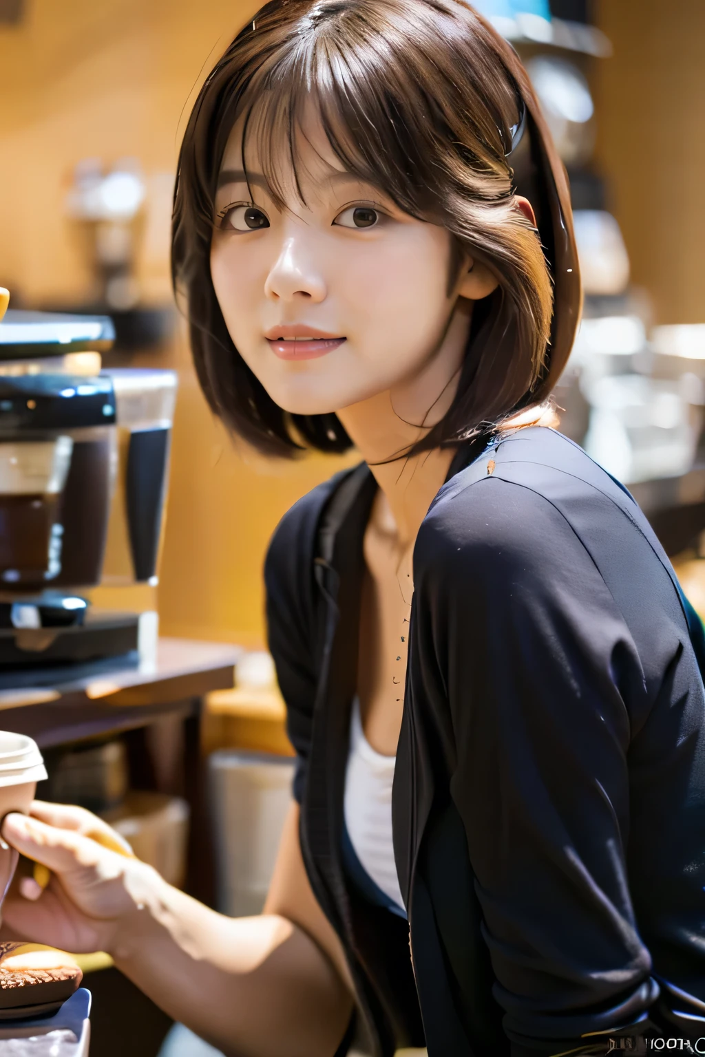 highest quality, Photorealistic, Very detailed, finely, High resolution, 8K Wallpaper, Professional, High level of detail, ((One 18 year old girl:1.2)), Slender Japanese women,Pretty lips, (Beautiful long lashes:1.2)、Detailed clavicle, Perfect Face, (Cute short bob hair:1.5),Top Quality，Ultra-clear resolution，Clear Eyes，Sunburned skin，Perfect large breasts，have perfect legs，Focus on the legs，(Working at a coffee shop:1.5)