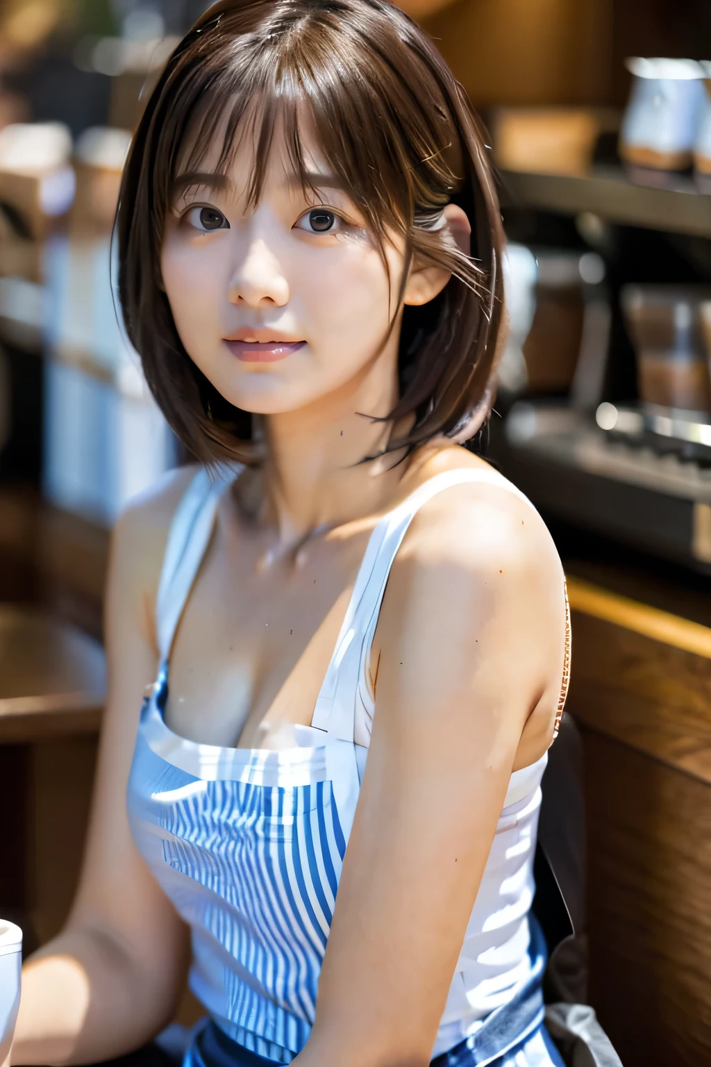 highest quality, Photorealistic, Very detailed, finely, High resolution, 8K Wallpaper, Professional, High level of detail, ((One 18 year old girl:1.2)), Slender Japanese women,Pretty lips, (Beautiful long lashes:1.2)、Detailed clavicle, Perfect Face, (Cute short bob hair:1.5),Top Quality,Ultra-clear resolution,Clear Eyes,Sunburned skin,Perfect large breasts,have perfect legs,Focus on the legs,(Working at a coffee shop:1.5)