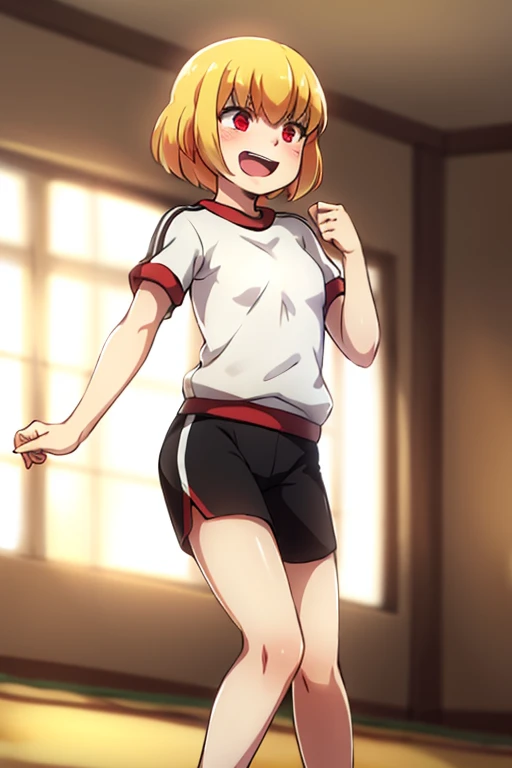 ((highest quality)), ((masterpiece)), (be familiar with), Perfect Face, indoor, Bedroom, Watching the audience,
One woman, Clementine,
Open Mouth, Ecstatic expression, blush, smile,
Small breasts, Flat Chest, Young Girl, , , Girl,
Short Hair, Golden Hair, Red eyes, Short Bob,
Gym suit, White short sleeves, Black shorts, Leg spread,