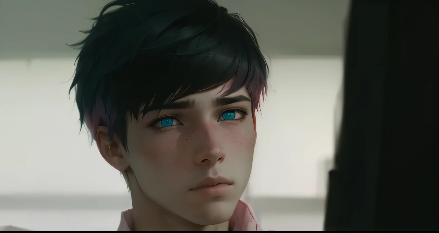 sad 16 year old boy has pink hair pink eyes