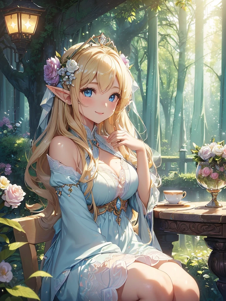 最high quality、Best image quality、masterpiece、The season is spring、Sexy elf beauty((20-year-old、Best Bust、、Bust 90,Beautiful Blue Eyes、,Blonde long hair、In a beautiful white dress、Close-up、Sitting on a chair、table、tea、flower、flower瓶、Magic Harp、Beautiful thighs、、Beautiful tiara、high quality、Beautiful art、、Visual Arts、Depth of written boundary、reading、　Marble decoration、Spectacular landscapes、Low angle、Sexy、Elf Ears、starry night、star、universe、The magic of light、In the beautiful forest、、Smile、Gentle light、Magic Palace