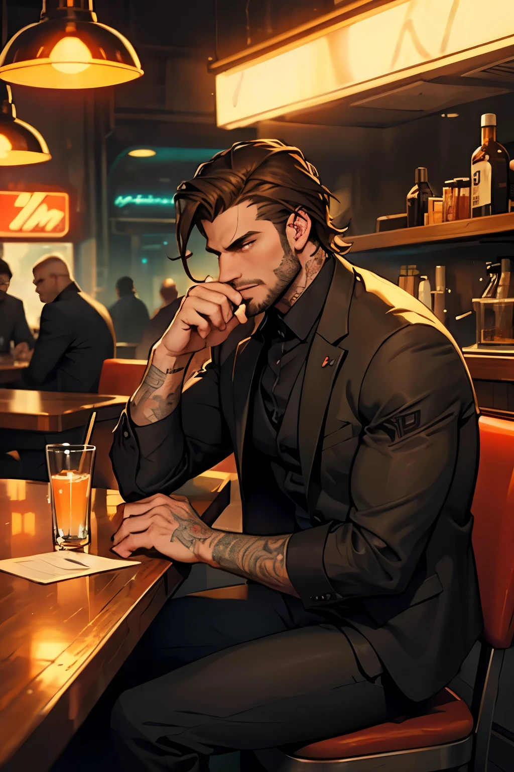 Eros, god of love, brunette, ((glowing golden yellow eyes)), charming, perfect teeth, handsome features, beard, red jacket, 8k, masterpiece, headshot, portrait, greek god, messy hair, sitting alone at a bar, business casual, medium length hair, strong arms, smiling, holding a drink --auto --s2