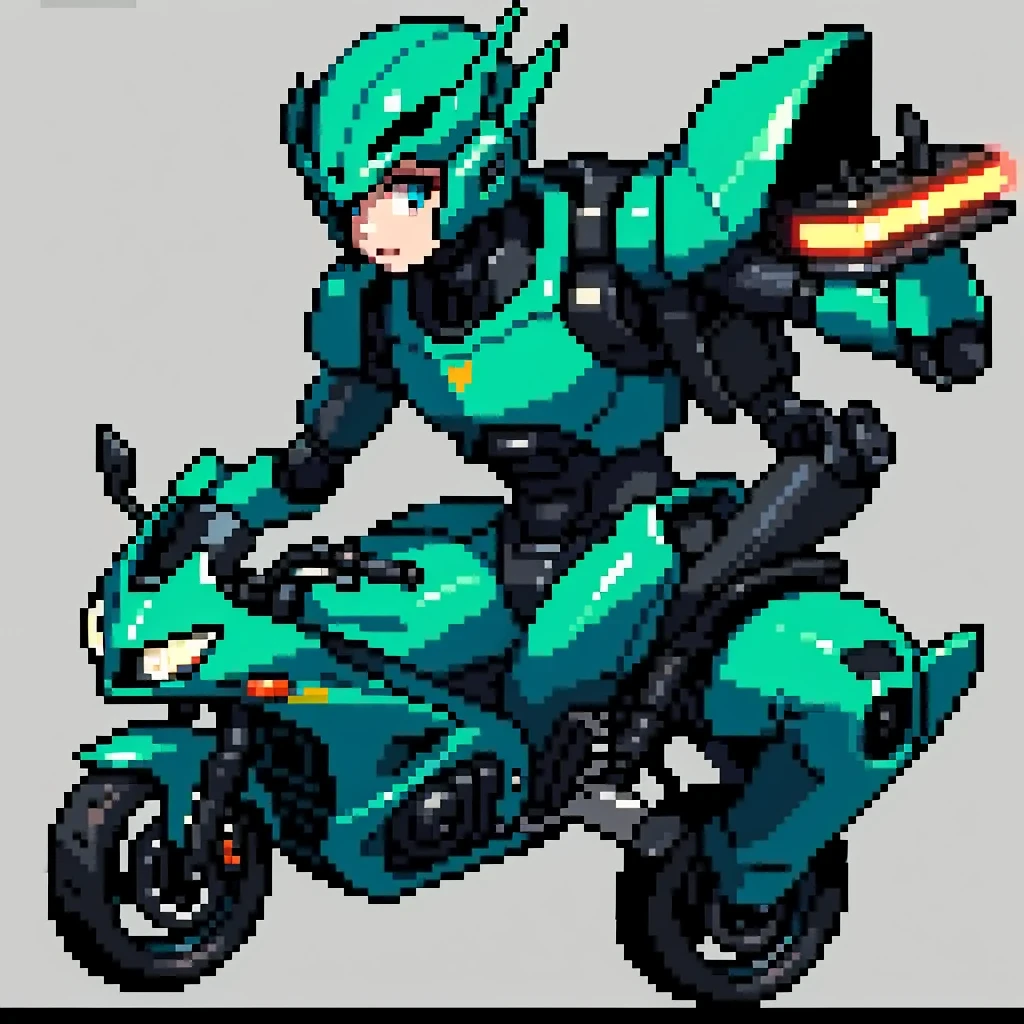 Highest image quality, outstanding details, ultra-high resolution, (realism: 1.4), the best illustration, favor details, highly condensed 1girl, with a delicate and beautiful face, dressed in a black and green mecha, wearing a mecha helmet, holding a directional controller, riding on a motorcycle, the background is a high-tech lighting scene of the future city. surreal illustration, surreal rendering, clean digital rendering, photo realistic rendering, surreal illustration
