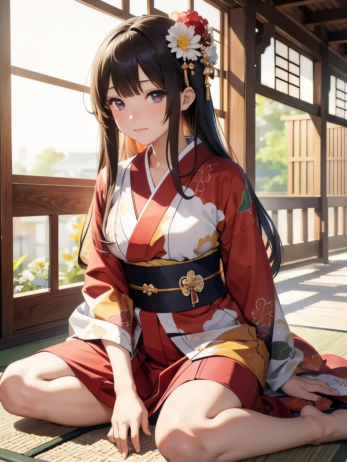 (8k、highest quality、masterpiece:1.2)、(Intricate details:1.4), Anime girl sitting on the ground with flowers in her hair, sakimi chan, in kimono, In kimono, yukata, Anime Moe Art Style, classy yukata, Smooth anime CG art, Japanese Kimono, wear Kimono, Official artwork, 皇室のwear Kimono, wearing a simple robe, sakimichan, wear Kimono, red kimono, ((spread legs)), ((spread pussy))