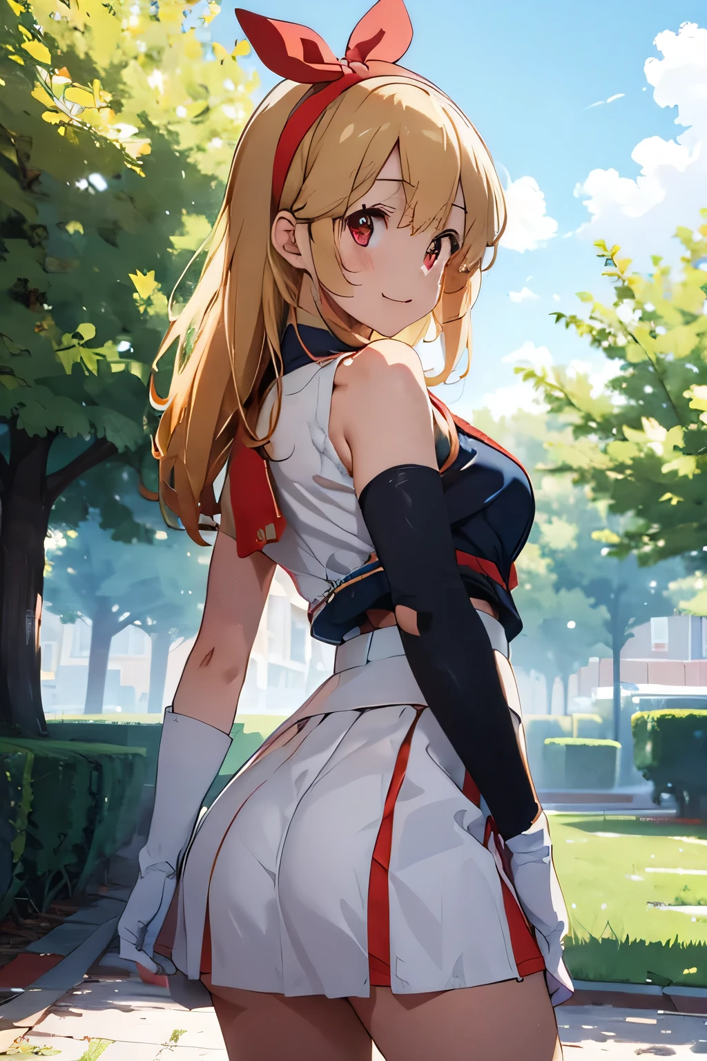 (red ribbon on hairband:1.2),masterpiece, best quality, highres, 1girl, solo, Blonde hair, RED eyes, mole under eye, band uniform, sleeveless, white gloves, knee boots, cowboy shot, hand on hip, smile, open mouth, outdoors ,((((skirt lift)))),((red color panties)),(kneeling, on all fours:1.2), (looking back, looking at viewer:1.4), (sticking out butts:1.2), outdoors, dutch angle