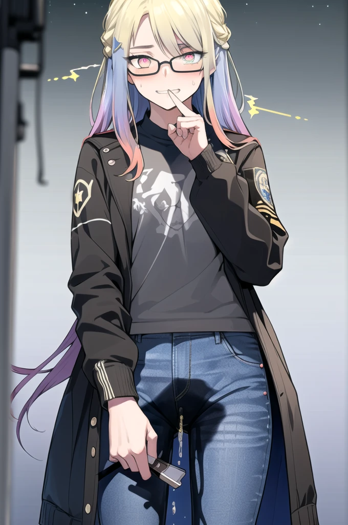 (blonde hair:1.5), very long hair, sidelocks), (eyes with a mix of yellow and blue irises:1.5), two-tone eyes, multicolored eyes gradient eyes, white and blue jacket with constellation prints, (best quality,4k,8k,highres,masterpiece:1.2), ultra-detailed, portraits, (HDR:1.1), (vivid colors:1.1), (studio lighting), (bokeh), (highly saturated colors), (soft lighting), (detailed background), (subtle shadows), (ethereal glow), (pastel color palette), (delicate details), (crisp focus), (fine brushwork), (exceptional artistry), (masterpiece-worthy), (awe-inspiring), blonde hair, very long hair, sidelocks, (eyes with a mix of yellow and blue irises:1.5), two-tone eyes, (multicolored eyes:2.0) (gradient eyes:2.0), white and blue jacket with constellation prints, (pants), (smirk:1.25), (smug:1.25), (naughty face:1.5), (mischievous:1.25), futuristic clothing, (science fiction setting:1.5), high-tech, glowing eyes, (unicursal hexagram-shaped irises:1.5), (cowboy shot:1.5), glasses, small glasses, thin glasses, rectangular glasses, small breasts, glowing clothing, (hologram armband1.5), wetting herself, peeing herself, pee stain, peeing stain