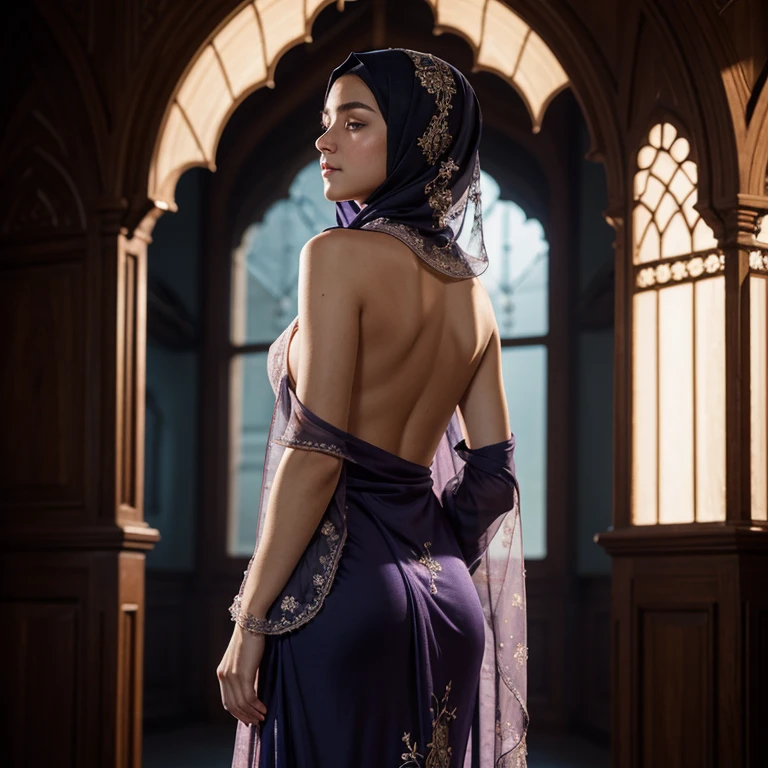 A serene and alluring young girl, her delicate features framed by a sheer, flowing night gown that drapes over her slender form. Her long, dark hair cascades down her back, its ends dancing just above the hem of the gown. The gown itself is a pale shade of blue, almost ethereal in its coloration, and is adorned with intricate floral embroidery that seems to glimmer in the dim light. The fabric clings to her body in all the right places, accentuating her slim waist and curvy hips. However, what truly sets this girl apart is the hijab that she wears. It's a beautifully arranged piece of cloth, folded and draped elegantly over her head, leaving only her eyes and nose exposed. The fabric is a rich burgundy color that contrasts beautifully with the blue of her night gown, adding a touch of sophistication to her overall appearance. Her hands are folded demurely in front of her, as if in prayer or contemplation, while a soft smile plays upon her lips, hinting at an inner radiance that cannot be extinguished. The background is obscured, casting the girl in a dreamlike aura of mystery and allure.