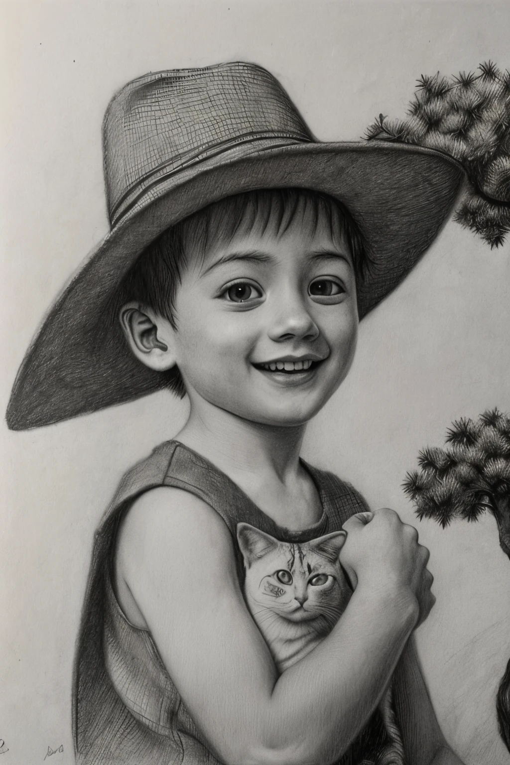 pencil drawing,(masterpiece, best quality, high resolution, absurdres, intricate details:1.3),monochrome,1boy,hat,smile,holding a cat,tree,cloud,