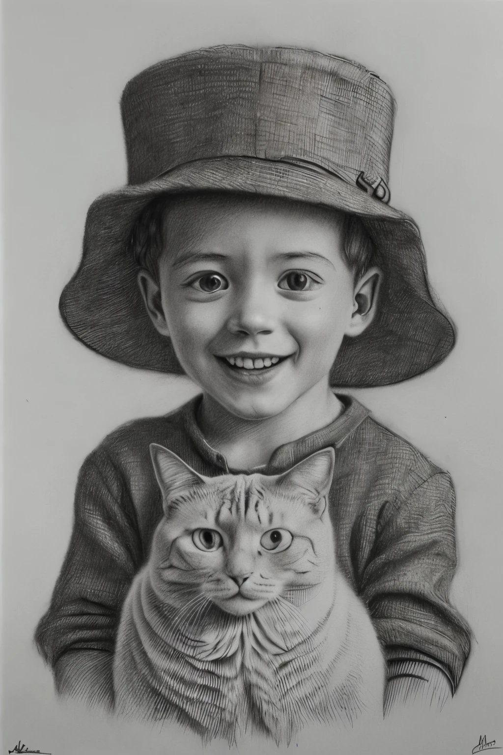 pencil drawing,(masterpiece, best quality, high resolution, absurdres, intricate details:1.3),monochrome,1boy,hat,smile,holding a cat,tree,cloud,