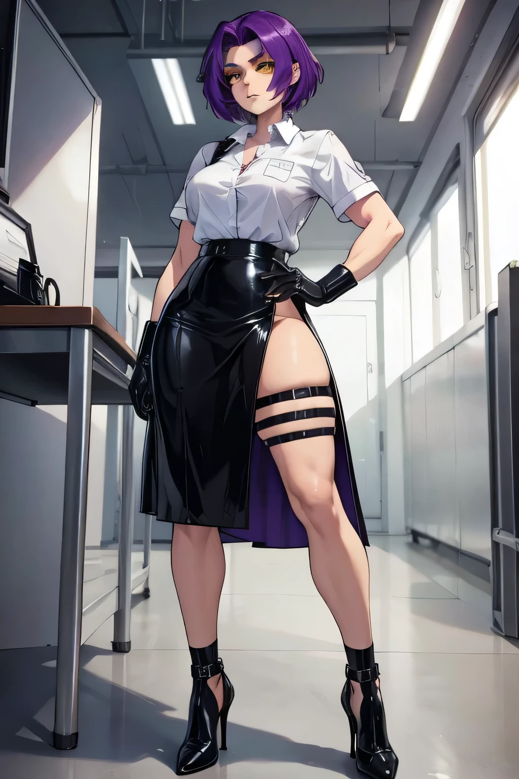 age boy with pink wig , beautiful face, with small round breast, big perfect butt with a huge penis, wearing a black leather top with a black mini skirt, without underwear