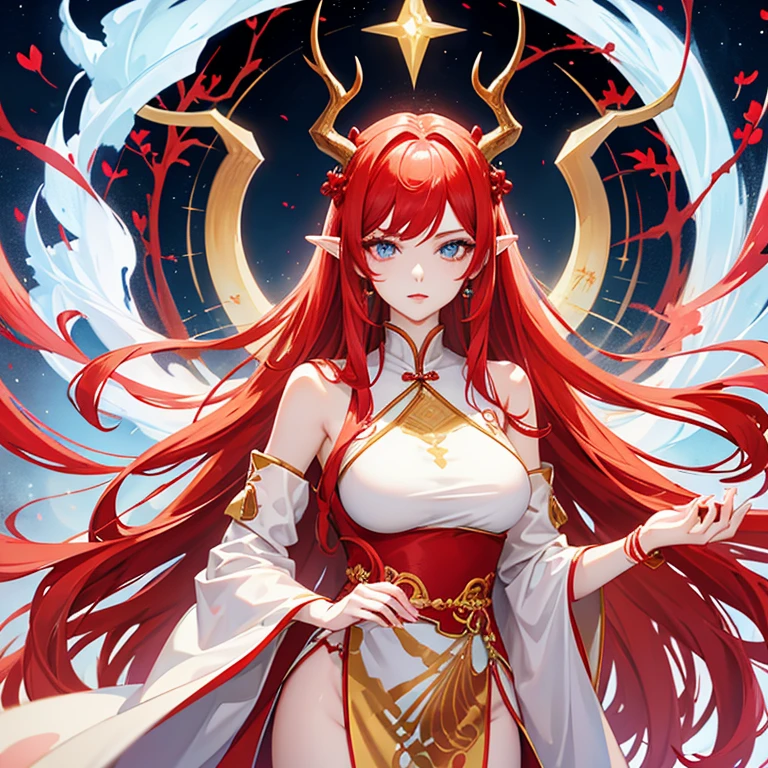 Beautiful tall woman, pale complexion, good curves, sky blue eyes, pink lips, pointed ears, long wavy striking red hair, golden deer horns, white and red ancient traditional Chinese dress, golden jewelry with red gems