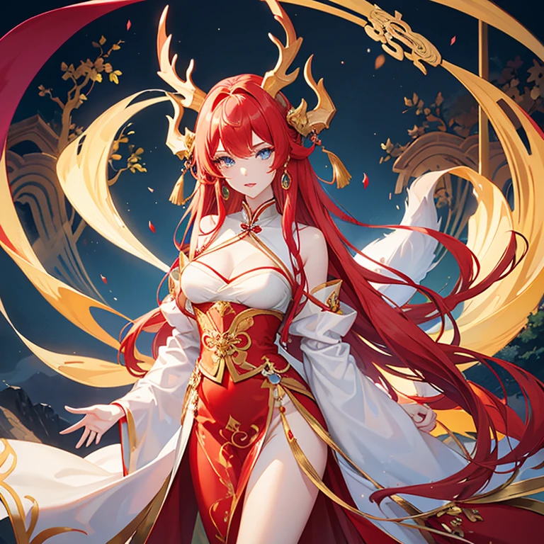 Beautiful tall woman, pale complexion, good curves, sky blue eyes, pink lips, pointed ears, long wavy striking red hair, golden deer horns, white and red ancient traditional Chinese dress, golden jewelry with red gems