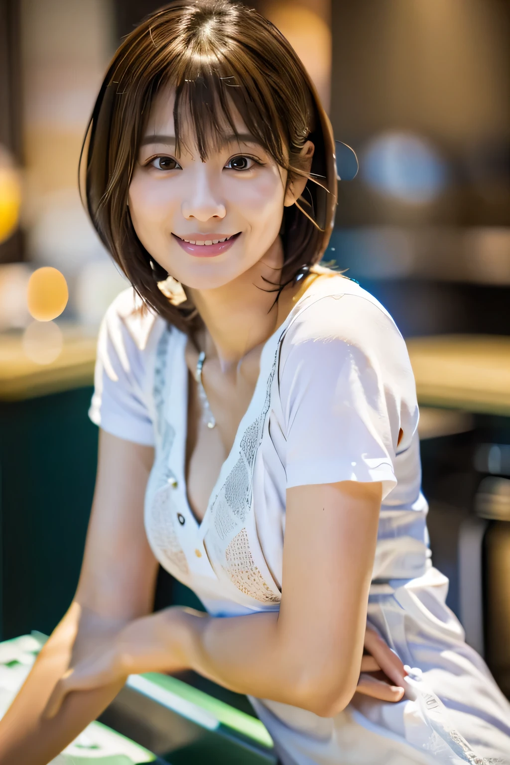 ​masterpiece, top-quality, Photorealsitic、Stylish café、Sitting on the other side of the table、Esbian、20 years girl、full body Esbian、Short-cut hair、Smile at the Japan、NSFW、portlate、Beautiful、White clothes、The chest is fluttering