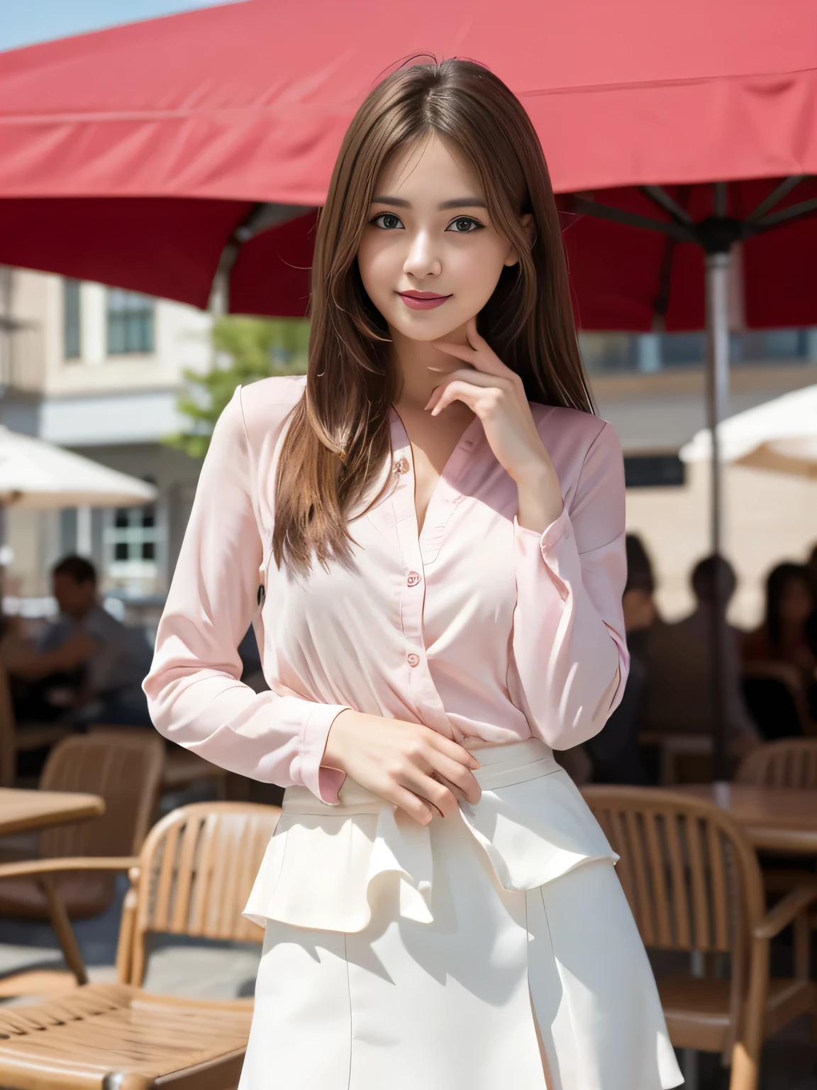 highest quality, Realistically, Very detailed, More about pubic hair, High resolution, 8k wallpaper, One beautiful woman, Pink wet lips, Light brown messy hair, Wearing a crimson suit, shirt, White Skirt, Lock focus, Perfect dynamic composition, Beautiful Eyes, Delicate Hair, Detailed Realistically skin texture, smile, Close-up portrait, Model Body Type, On the open terrace of the cafe, Blurred Background, (Full Body Shot), Shooting from a distance, Random body orientation,