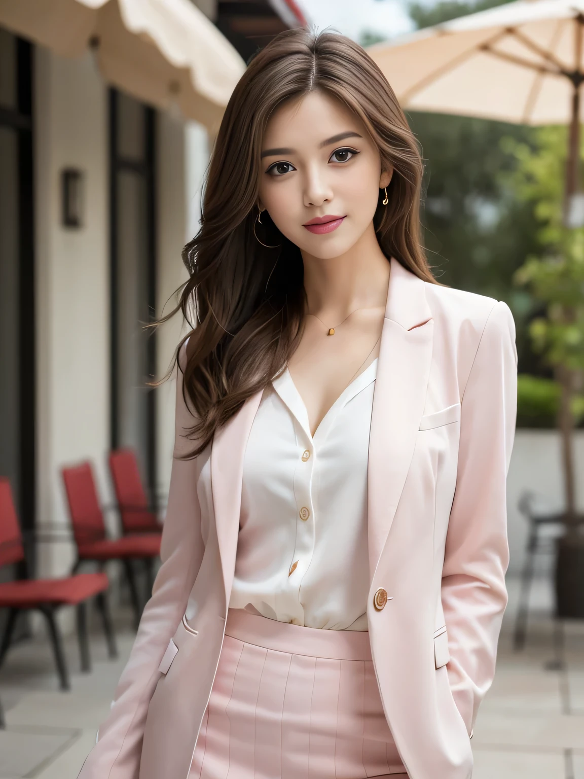 highest quality, Realistically, Very detailed, More about pubic hair, High resolution, 8k wallpaper, One beautiful woman, Pink wet lips, Light brown messy hair, Wearing a crimson suit, shirt, White Skirt, Lock focus, Perfect dynamic composition, Beautiful Eyes, Delicate Hair, Detailed Realistically skin texture, smile, Close-up portrait, Model Body Type, On the open terrace of the cafe, Blurred Background, (Full Body Shot), Shooting from a distance, Random body orientation,