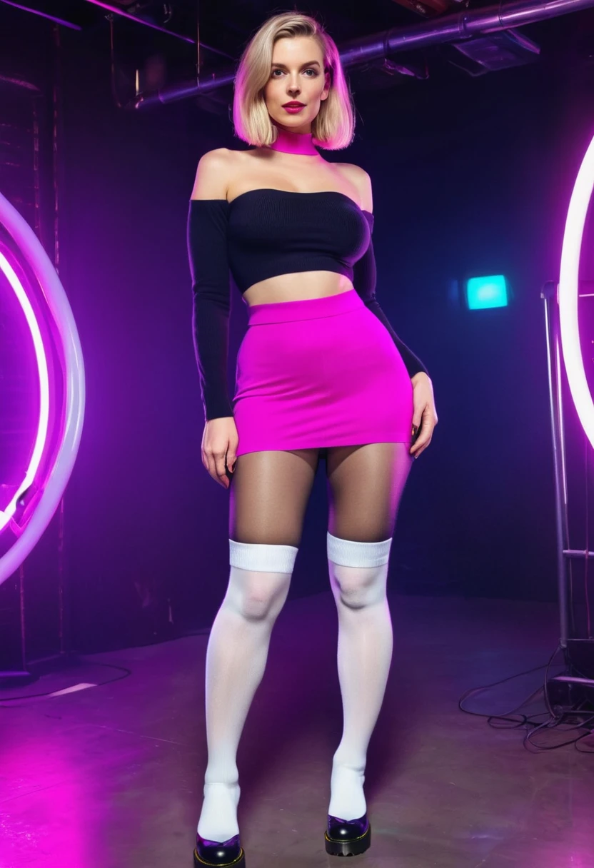 (full body photo:1.3), solo, (front view)1.2, (stylish bob haircut) (huge natural breasts)1.3, (futuristic, nightclub, neon light), (standing pose), (black tights and white wool socks)1.3, (pink tube-top) (purple tight mini skirt)1.2, (black tights and white wool socks)1.3 (Dr Martens boots)1.2, (wide hips, curvy, (thick thighs) (muscular legs))1.2, intricate detail, ((random ethnicity from Europe) amazing hot female 30yo woman)1.2 posh, (environmental portrait), perfect eyes, looking at viewer