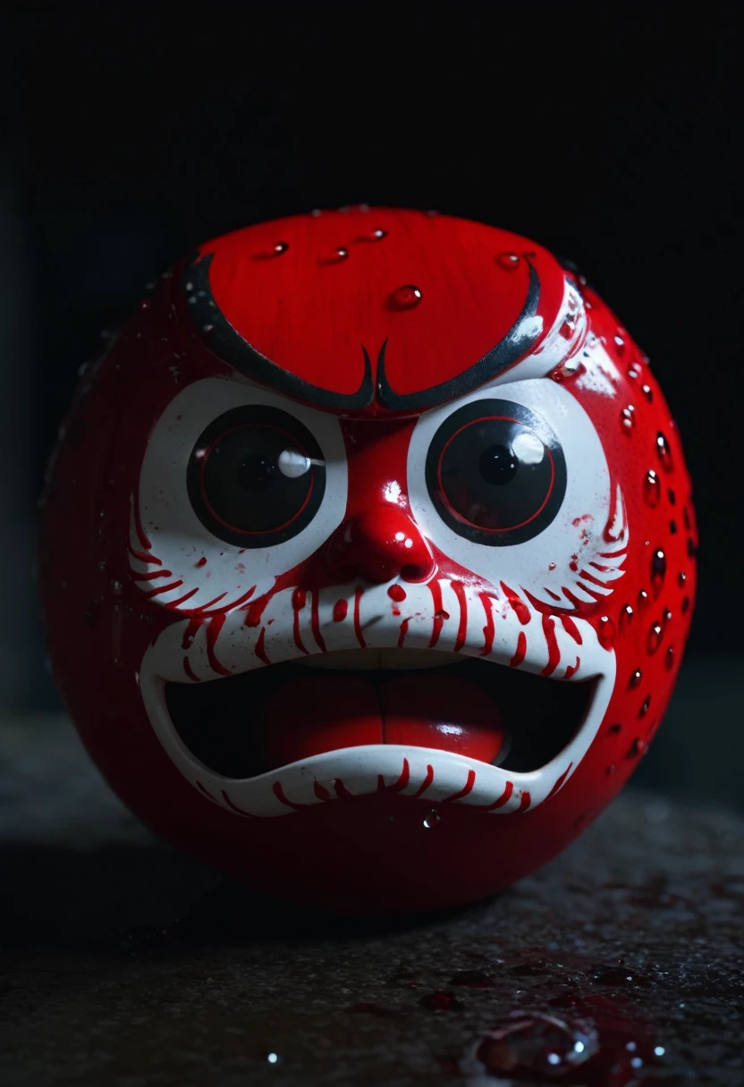 A round red Daruma doll with human eyes glares at me and looks at me with a demonic expression.、Bloody、blood droplets、Real、4k、night、Tomorrow's Light