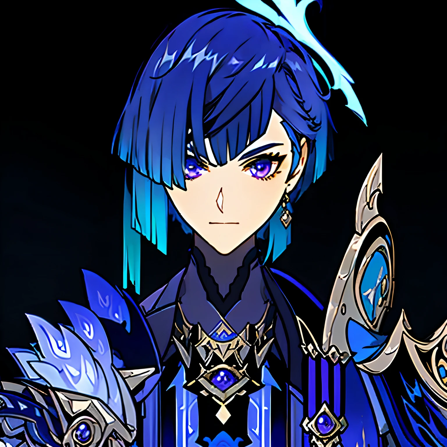 Short hair with gradient, black hair turns blue, iron armour, complex outfit, blue and purple suit, clothing design, fantasy outfit, blue and purple clothes, fantasy style clothing, Anime set style, well-detailed outfit, Knight's Armor, fashionable rpg clothing, amulet, Close-up, young man, Combat clothing, Combat clothing, 1 Man, Combat clothing, Man-боец, Black background, detailed, Layered bangs, serious, Man, Simple clothes