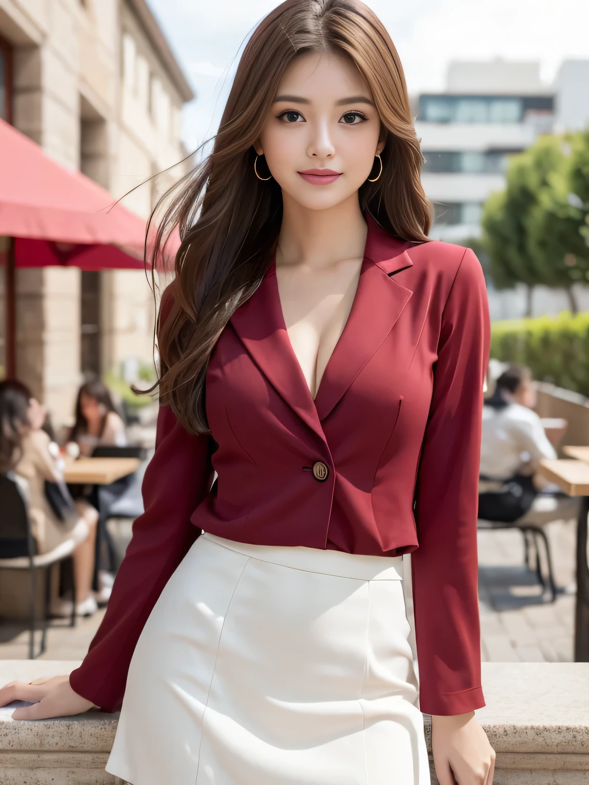 highest quality, Realistically, Very detailed, More about pubic hair, High resolution, 8k wallpaper, One beautiful woman, Pink wet lips, Light brown messy hair, Wearing a crimson suit, shirt, White Skirt, Lock focus, Perfect dynamic composition, Beautiful Eyes, Delicate Hair, Detailed Realistically skin texture, smile, Close-up portrait, Model Body Type, On the open terrace of the cafe, Blurred Background, (Full Body Shot), Shooting from a distance, Random body orientation,