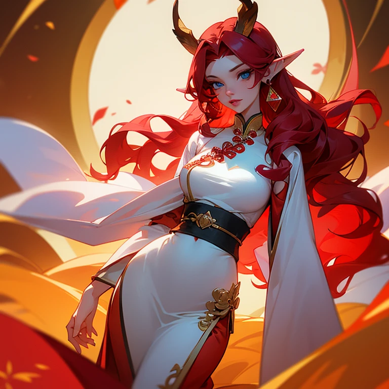 Beautiful tall woman, pale complexion, good curves, sky blue eyes, pink lips, pointed ears, long wavy striking red hair, golden deer horns, white and red ancient traditional Chinese dress, golden jewelry with red gems