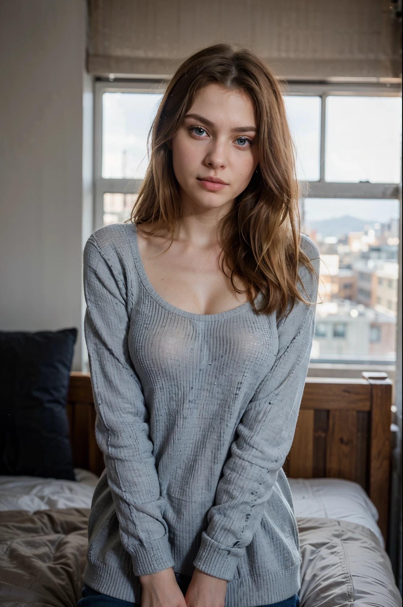 1girl in, age19, Solo, Aesthetic artwork, irish, wavy strawberry blonde hair, shoulder length hair, gray eyes, light grey eyes, some small freckles, pale skin, nice  little body, tight body, (textured skin, skin pores:1.1), goosebumps, ((wearing a dark green cardigan)) without anything underneath, braless, open cardigan covering one breast, one breast cover by cardigan, large sized breasts, no panties, sexy pose sitting by window, full body, naked pussy showing, hairy pussy, dark pubic hair, crying mascara, average looking face