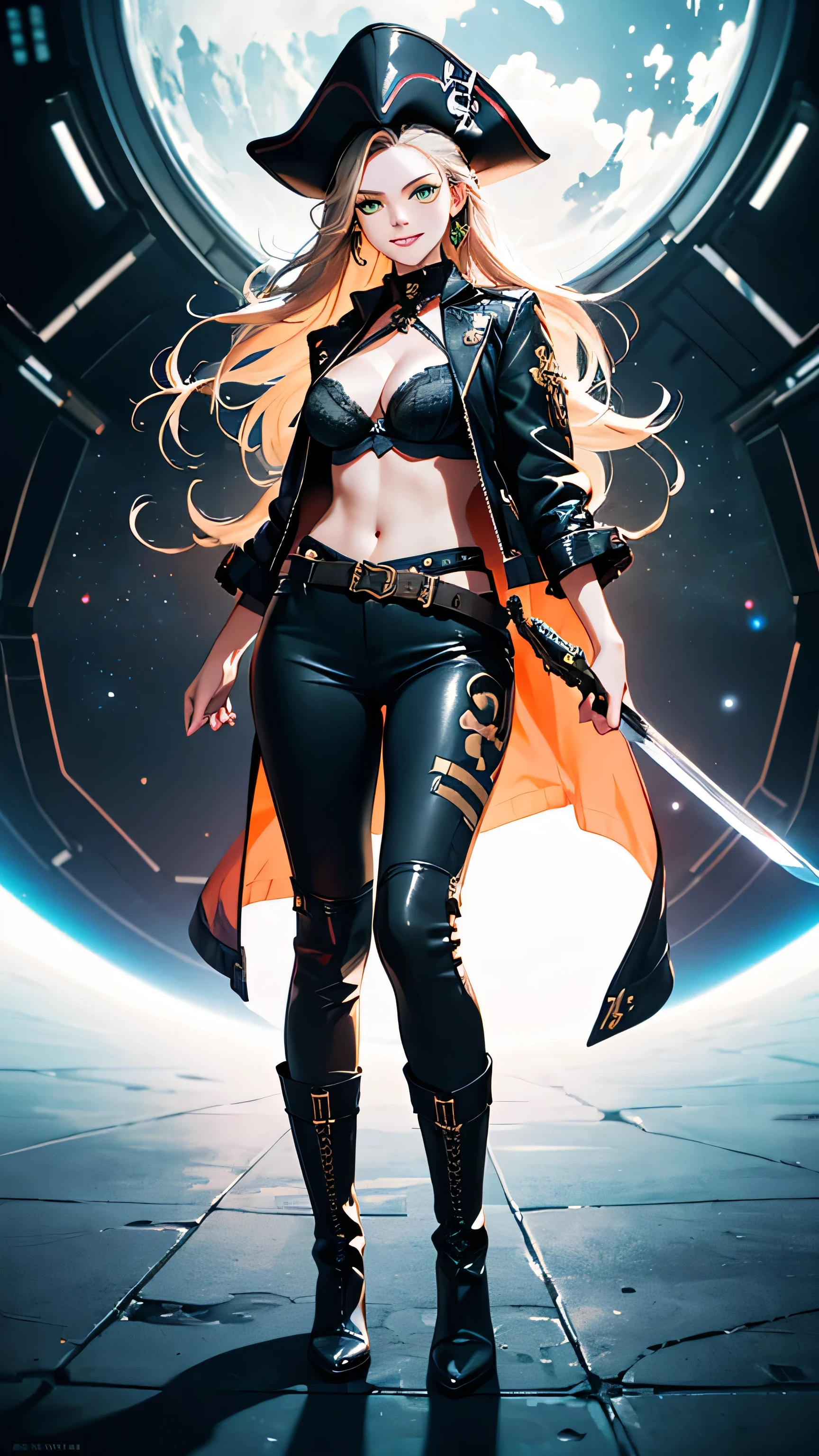 1 girl, masterpiece, best quality, ((18-year-old supermodel)), (super-detailed hair), lustrous flowing hair, ((ultra-fine, detailed green eyes:1.41, dazzling eyes)), (((exceptional boots, finely detailed boots)), ((perfect smile, flawless teeth)), ((impeccably drawn, meticulous attention to detail)), narrow waist, slender hips, amazing legs, thighs, thighs, thigs, perfect medium breasts)), (frilly lace bra, nice cleavage, she is a natural beauty, stunningly beautiful, wearing a ((futuristic space pirate outfit))), black leather pants, coat, heavy boots:1.4, and loose fitting, semi-open, linen top and a tricorn hat with a jolly roger emblazoned on it, (((she is holding a curved sword:1.31 menacingly and pointing a flintlock pistol:1.3 at the edge of the viewer frame))) with a fierce gaze and devlish grin, natural beauty, absurd resolution 8k, 16k, (((in various settings and dynamic poses))), ready to be attacked by the enemy))), epic anime digital artwork, (ray tracing), (rule of thirds), High Dynamic Range, UHD, 8k, 16k, textured skin, cinematic lighting, low angle, wide lens, full body shot, (facing the viewer), sci-fi concept art, Unreal Engine 5, Unity Engine, Blender, octane render, corona render, golden hour,