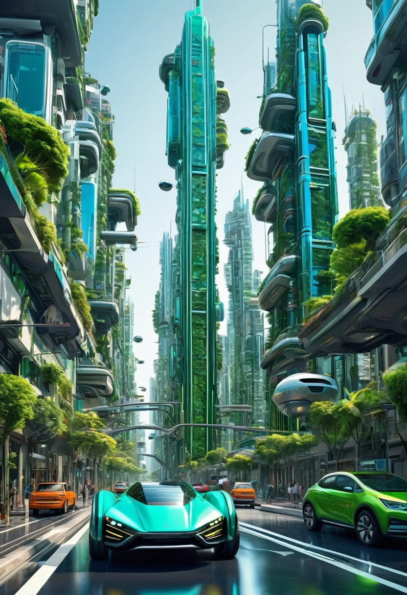 ((retrato surrealista de uma cidade futurista)), ((carro voador gigante)), ((futuristic city)), ((Floating skyscrapers)), ((carros voadores)), ((robots)), ((cores verde, azul e cinza vibrantes)), ((melhor qualidade)), (detalhado).