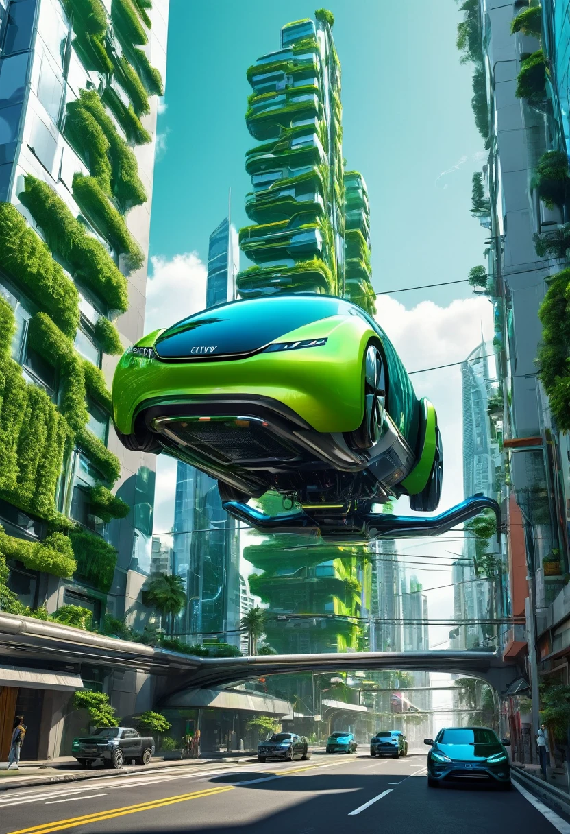 ((retrato surrealista de uma cidade futurista)), ((carro voador gigante)), ((futuristic city)), ((Floating skyscrapers)), ((carros voadores)), ((robots)), ((cores verde, azul e cinza vibrantes)), ((melhor qualidade)), (detalhado).