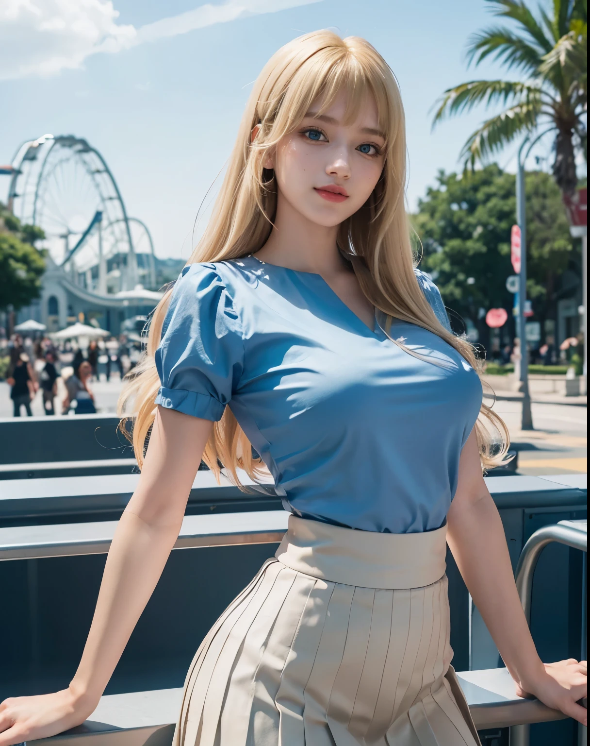 1girl, (Blue Eyes), (smiling), (Sana Minatozaki), (beautiful makeup :1.2), wide hips, Big tits, big ass, (Best Quality, 8k, Masterpiece: 1.3), Clear Focus: 1.2, Perfect Body Beauty: 1.4, Highly detailed face and skin texture, detailed eyes, double eyelids, (blonde long hair side bangs :1.3), (summer blouse :1.2), (pleated skirt), standing, dynamic pose, in an amusement park, roller coaster in the background
