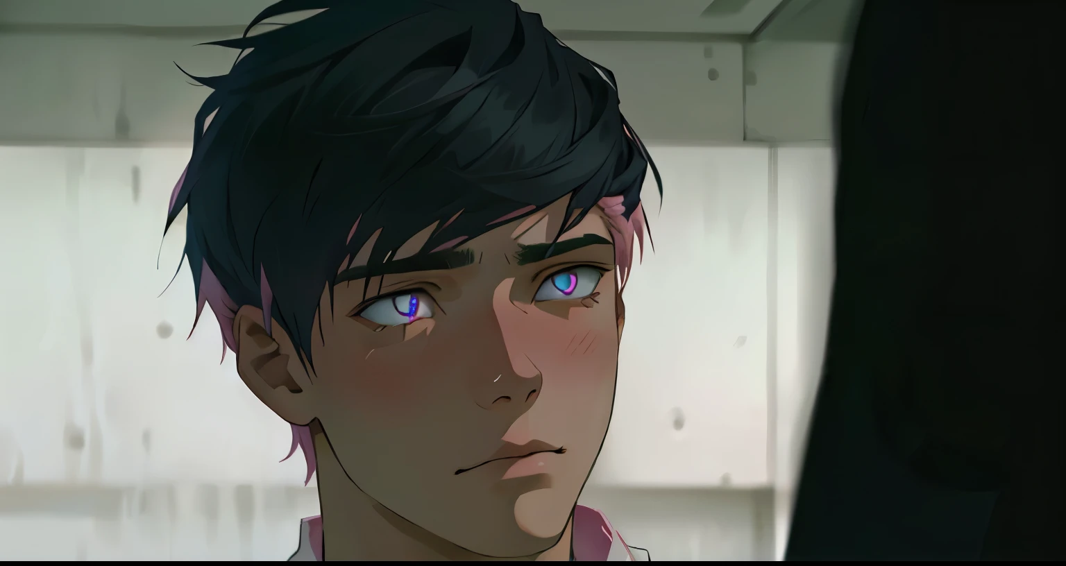 sad boy has pink hair pink eyes