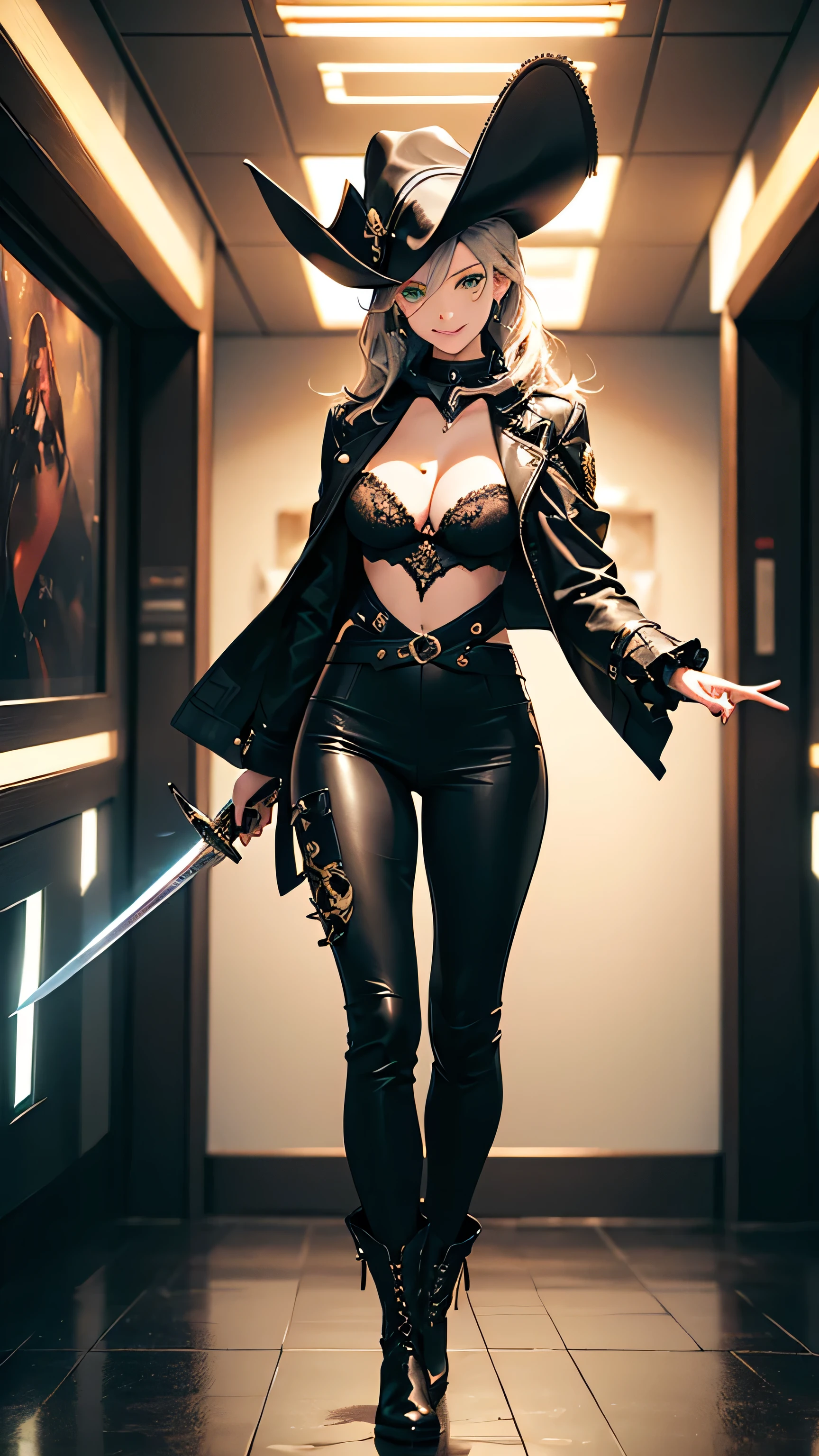 1 girl, masterpiece, best quality, ((18-year-old supermodel)), (super-detailed hair), lustrous flowing hair, ((ultra-fine, detailed green eyes:1.41, dazzling eyes)), (((exceptional boots, finely detailed boots)), ((perfect smile, flawless teeth)), ((impeccably drawn, meticulous attention to detail)), narrow waist, slender hips, amazing legs, thighs, thighs, thigs, perfect medium breasts)), (frilly lace bra, nice cleavage, she is a natural beauty, stunningly beautiful, wearing a ((futuristic space pirate outfit))), black leather pants, coat, heavy boots:1.4, and loose fitting, semi-open, linen top and a tricorn hat with a jolly roger emblazoned on it, (((she is holding a curved sword:1.31 menacingly and pointing a flintlock pistol:1.3 at the edge of the viewer frame))) with a fierce gaze and devlish grin, natural beauty, absurd resolution 8k, 16k, (((in various settings and dynamic poses))), ready to be attacked by the enemy))), epic anime digital artwork, (ray tracing), (rule of thirds), High Dynamic Range, UHD, 8k, 16k, textured skin, cinematic lighting, low angle, wide lens, full body shot, (facing the viewer), sci-fi concept art, Unreal Engine 5, Unity Engine, Blender, octane render, corona render, golden hour,
