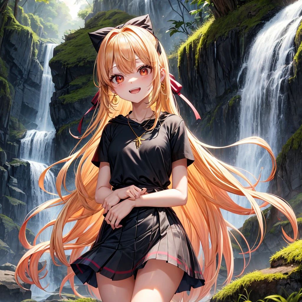 GoldPinkGolden Hair、Red eyes、One good looking girl、solo、anime、Checkered mini skirt、Black camisole、Black T-shirt、hoodie、Wearing a ribbon、Ribbon on waist、Crystal Earrings、Gemstone Necklace、Light and shadow、Tilting face、Teeth are visible、waterfall、Torrent、tunnel、pylon、Sunset sky、Towering、frilled lizard、light、flash、Barrel、Wife、loose、moss、isolated island、Hell&#39;s Gate、Blue flame、Sitting on the throne