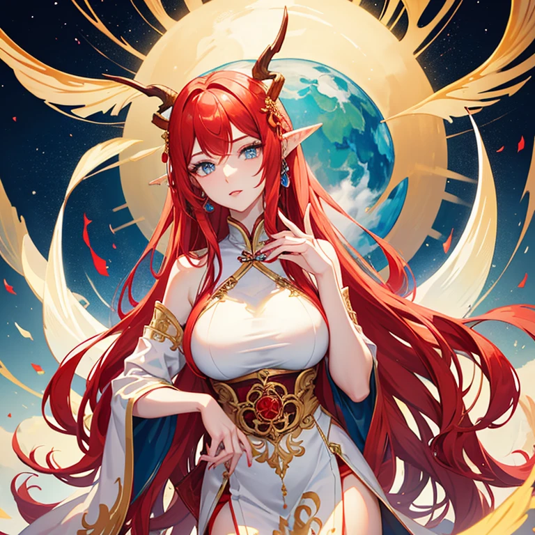 Beautiful tall woman, pale complexion, good curves, sky blue eyes, pink lips, pointed ears, long wavy striking red hair, golden deer horns, white and red ancient traditional Chinese dress, golden jewelry with red gems