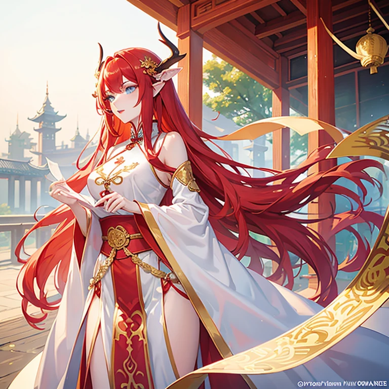 Beautiful tall woman, pale complexion, good curves, sky blue eyes, pink lips, pointed ears, long wavy striking red hair, golden deer horns, white and red ancient traditional Chinese dress, golden jewelry with red gems