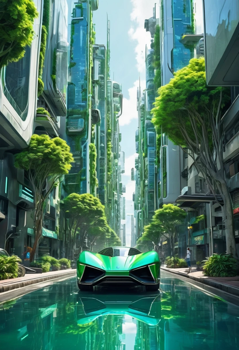 ((retrato surrealista de uma cidade futurista)), ((carro voador gigante)), ((futuristic city)), ((Floating skyscrapers)), ((carros voadores)), ((robots)), ((cores verde, azul e cinza vibrantes)), ((melhor qualidade)), (detalhado).