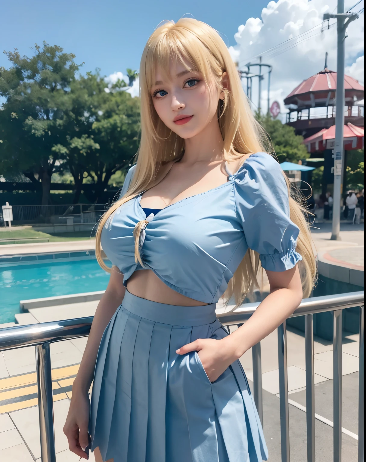 1girl, (Blue Eyes), (smiling), (Sana Minatozaki), (beautiful makeup :1.2), wide hips, Big tits, big ass, (Best Quality, 8k, Masterpiece: 1.3), Clear Focus: 1.2, Perfect Body Beauty: 1.4, Highly detailed face and skin texture, detailed eyes, double eyelids, (blonde long hair side bangs :1.3), (summer blouse :1.2), (pleated skirt), standing, dynamic pose, in an amusement park, roller coaster in the background