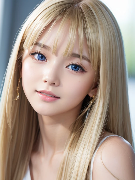 非常にBeautiful Face、Bright expression、Small Face Beauty、((Super long silky blonde hair that shines in gold))、Hair Play、Long bangs on the face、 cute beautiful girl、White beautiful skin、Glowing Skin、Cheek gloss、Gloss Face、Bright pale marine blue eyes glow、Big eyes、Round face、Beautiful Face、Large Breasts、