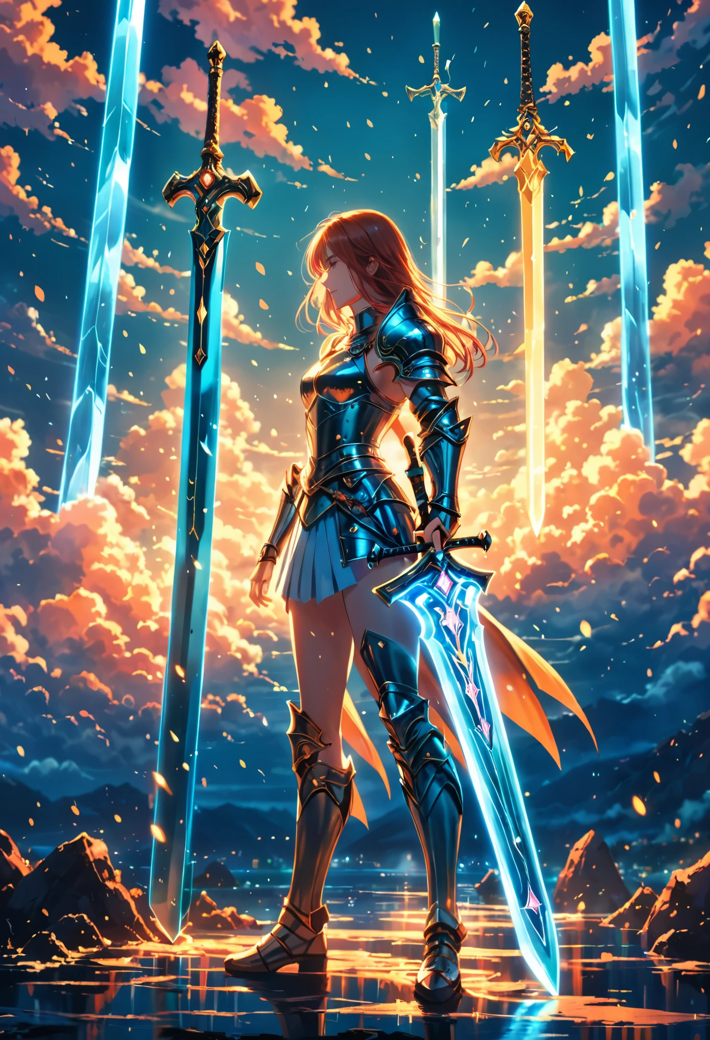 (Huge Master Sword:1.8),Female knight muscular bikini armor,Dahl Background,Exposure Neutralization,Medium shot, Bokeh, (HDR:1.4), High contrast, (Movie, Cyan and Orange:0.85), (pastel colors, Dull Color, Soothing Tones:1.3), Low saturation,smokes,Shining Sword,Lycoris,wind,s