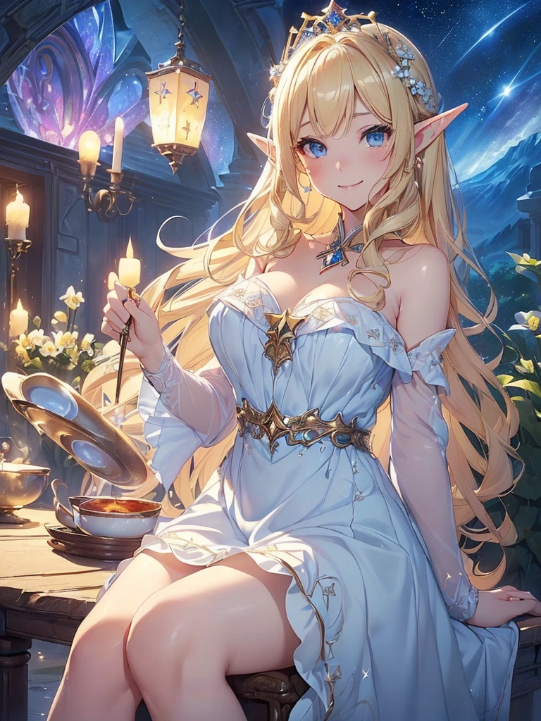 最high quality、Best image quality、masterpiece、The season is spring、Sexy elf beauty((24-years-old、Best Bust、、Bust 90,Beautiful Blue Eyes、,Blonde long hair、In a beautiful white dress、Close-up、Sitting on a chair、table、tea、Lots of dishes、flower、flower瓶、Magic Harp、Beautiful thighs、、Beautiful tiara、high quality、Beautiful art、、Visual Arts、Depth of written boundary、reading、　Marble decoration、Spectacular landscapes、Low angle、Sexy、Elf Ears、starry night、star、universe、night、The magic of light、Beautiful Landscape、、Smile、Gentle light、Magic Palace