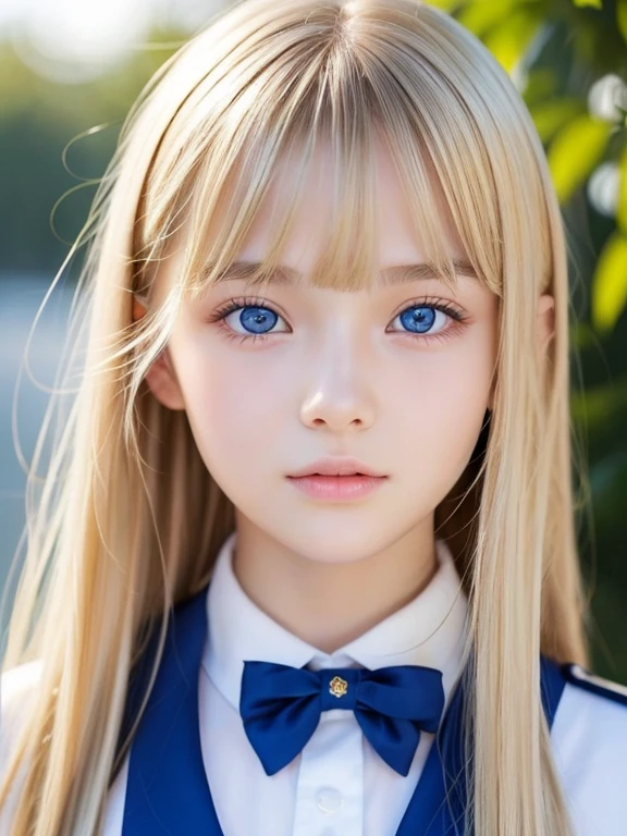 Beautiful cute 15 year old girl、Sexy and very beautiful cute face、Beautiful, cute and sexy eyes、Very long, beautiful, pearly blonde, silky, shiny hair、sexy long bangs that fall in your face、Beautiful light marine blue eyes、uniform、Small Face Beauty、Glowing Skin、Gloss Face、White skin、Beautiful Skin、