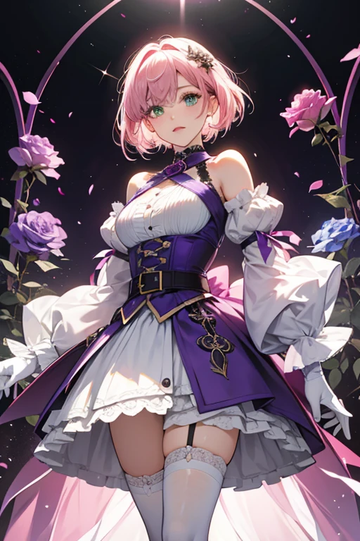 She has green eyes and medium-length half-dark pink and half-pink hair, styled in a short curled bob.  her outfit consists of a light and dark purple ombre dress with a slanted split down the front that ends in a back skirt, a white belt decorated with chains and three blue roses on the side, uneven black thigh-high stockings, one of which has a garter that connects to her short black shorts, white gloves covering her hands along with uneven, detached, purple sleeves covering her arms and white boots with black cuffs. Her breasts are covered in a crisscrossed, halter-like manner, with the strings securely attaching to a white-collar which has a blue rose on the left-hand side. She also has three flowers embedded into the hair on the right-hand side of her head.  SPARKLE; GLITTER
